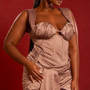 Plus Mocha Constructed Satin Ruched Bust Corset